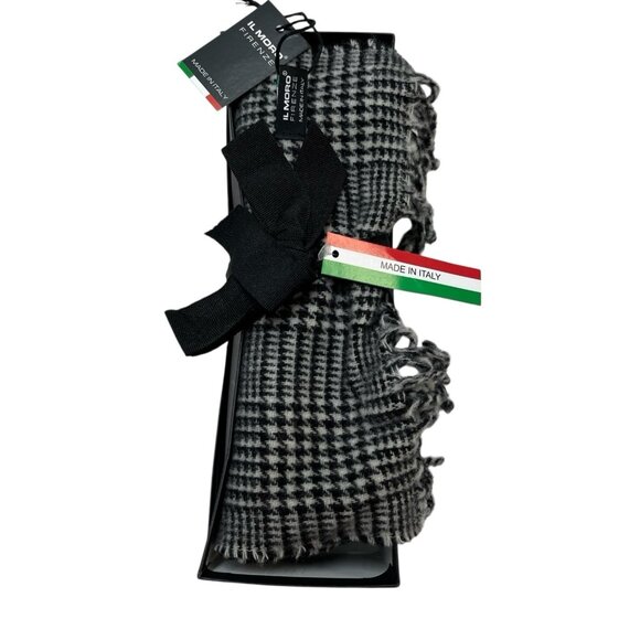 Il Moro Firenze Scarf Black Houndstooth Wool Fringe Made Italy Classic Preppy - Picture 1 of 10